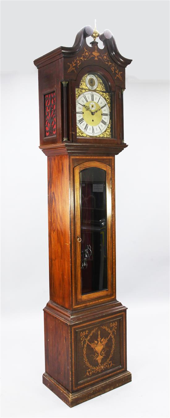 An Edwardian marquetry inlaid mahogany chiming longcase clock, H.8ft